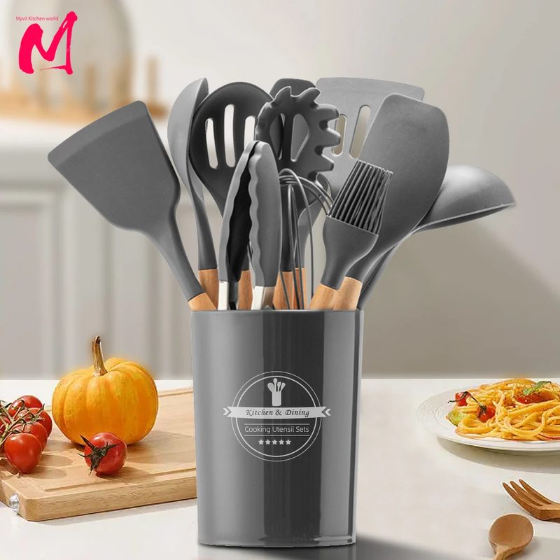 Bộ dụng cụ nấu ăn silicone tay cầm gỗ