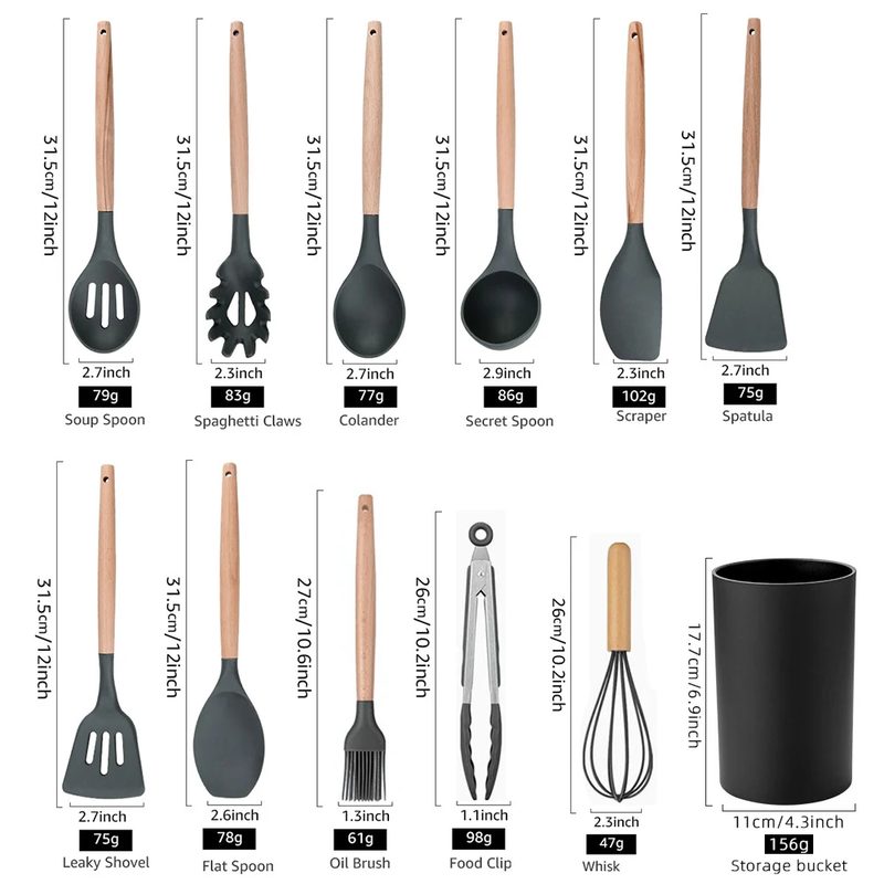 Bộ dụng cụ nấu ăn silicone tay cầm gỗ 2