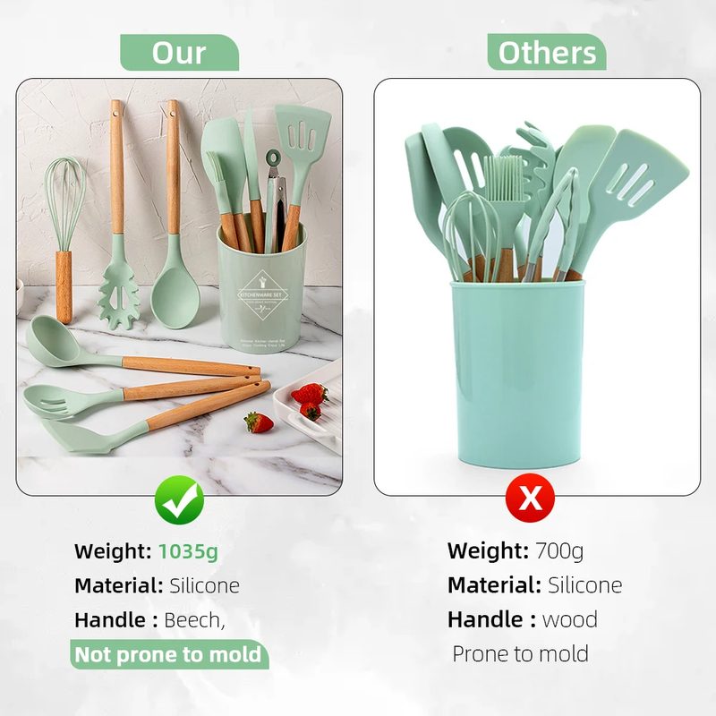 Bộ dụng cụ nấu ăn silicone tay cầm gỗ 3