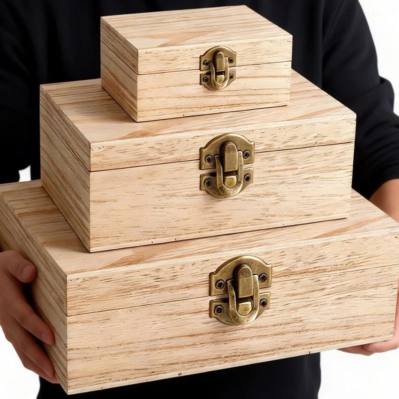 Bộ 3 hộp gỗ đựng đồ khóa đồng cổ điển