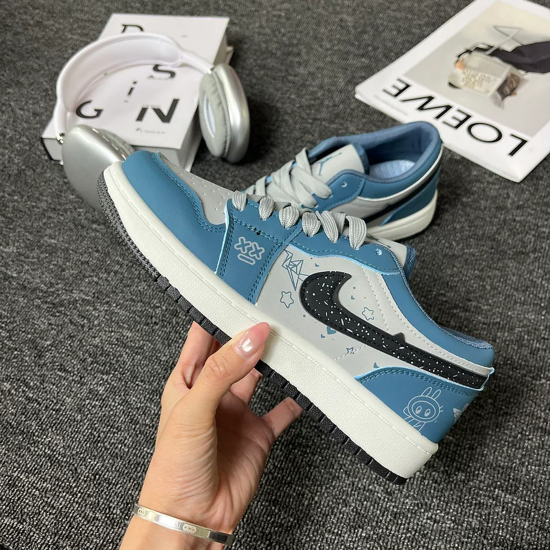 Giày sneaker graffiti xanh dương xám, unisex, cổ thấp, phong cách đường phố retro 2