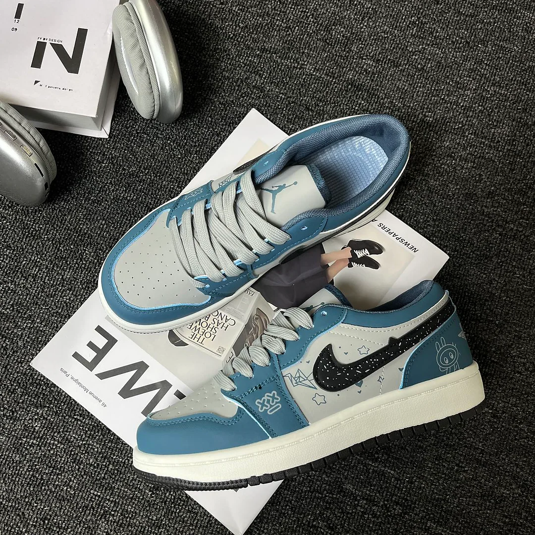 Giày sneaker graffiti xanh dương xám, unisex, cổ thấp, phong cách đường phố retro 3