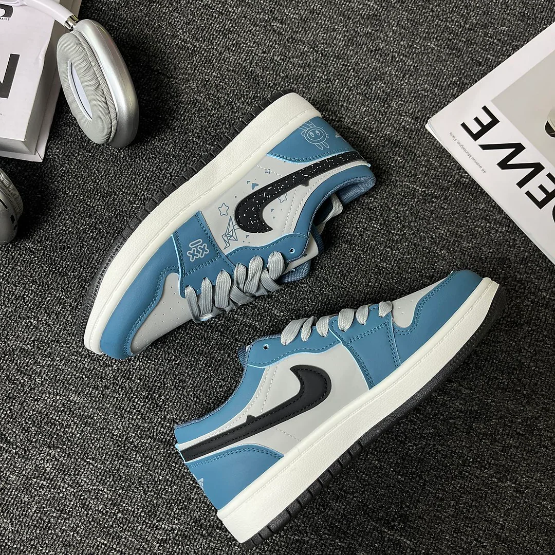 Giày sneaker graffiti xanh dương xám, unisex, cổ thấp, phong cách đường phố retro 4