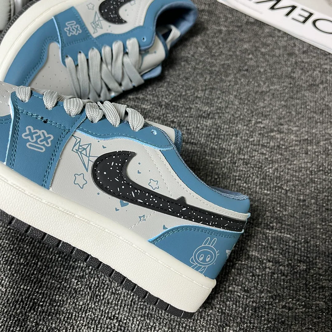 Giày sneaker graffiti xanh dương xám, unisex, cổ thấp, phong cách đường phố retro 5