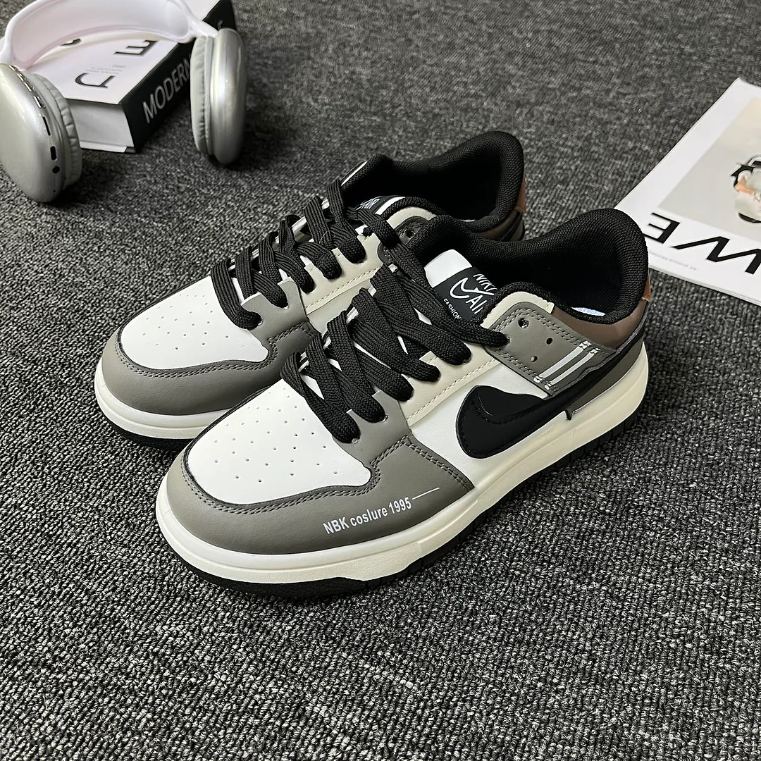 Giày sneaker phối màu xám trắng phong cách retro, unisex, cổ thấp, thiết kế ghép mảng tương phản, đơn giản và dễ phối đồ