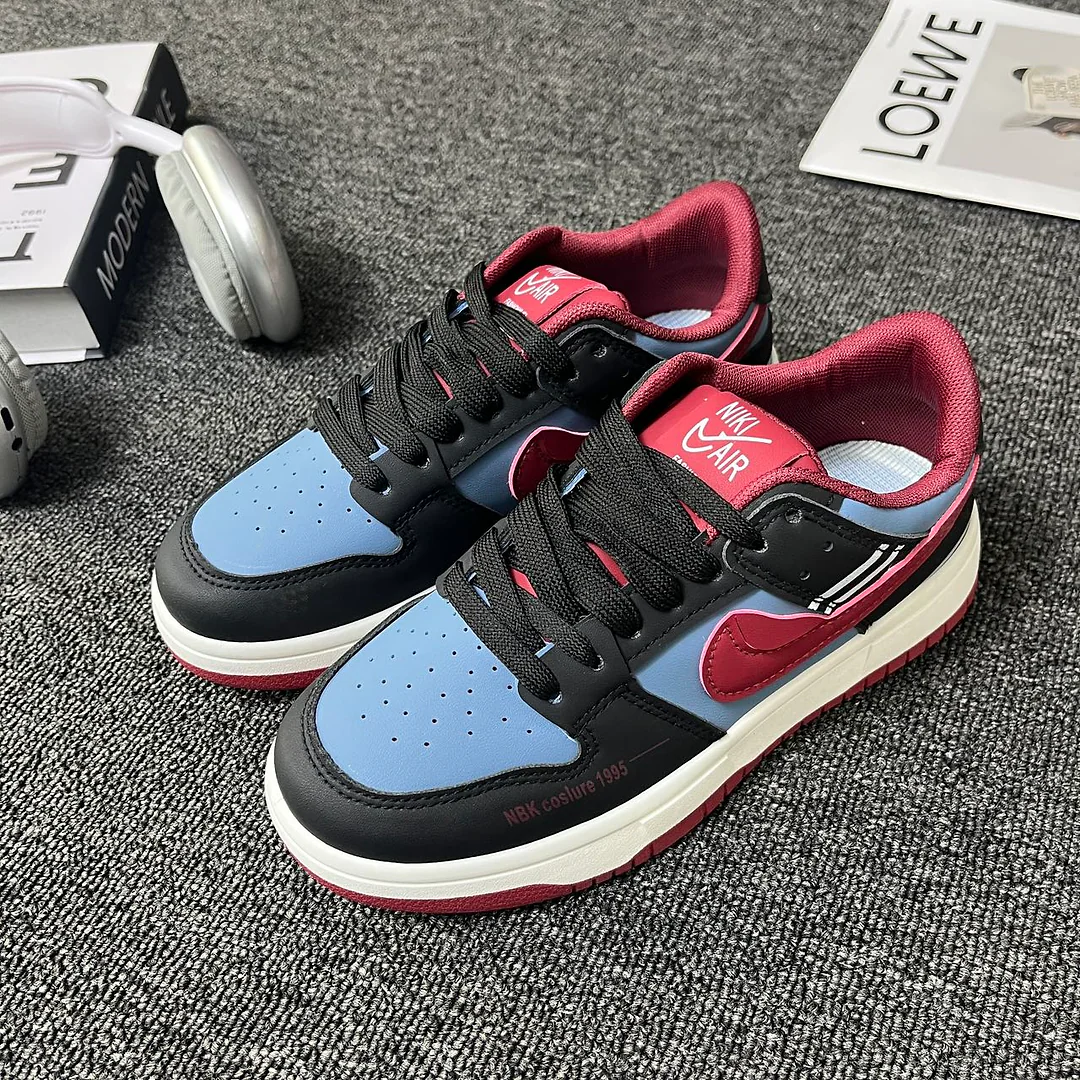 Giày sneaker cổ thấp phong cách retro phối màu xanh dương, đen và đỏ rượu vang - Unisex