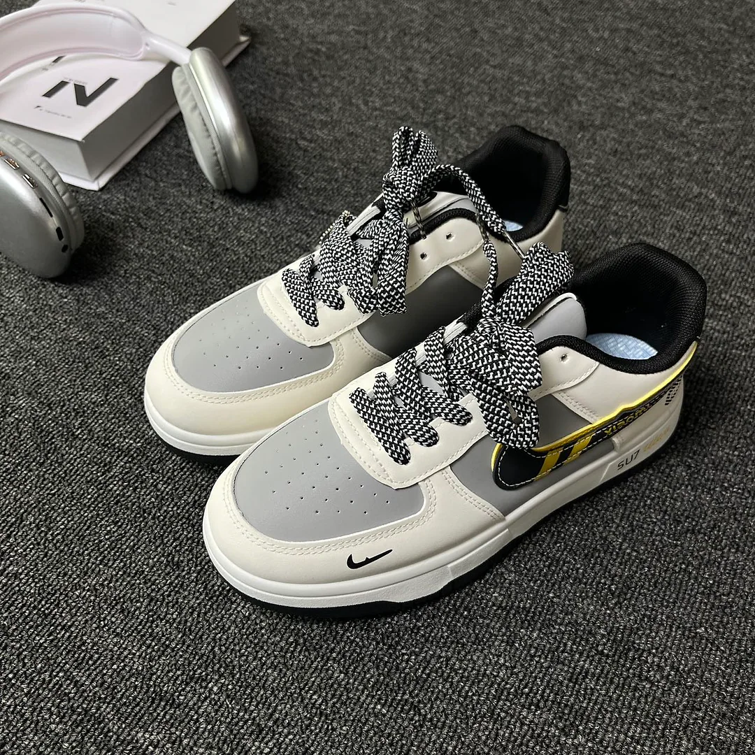 Giày sneaker phối màu xám trắng phong cách retro, unisex, cổ thấp thể thao thường ngày